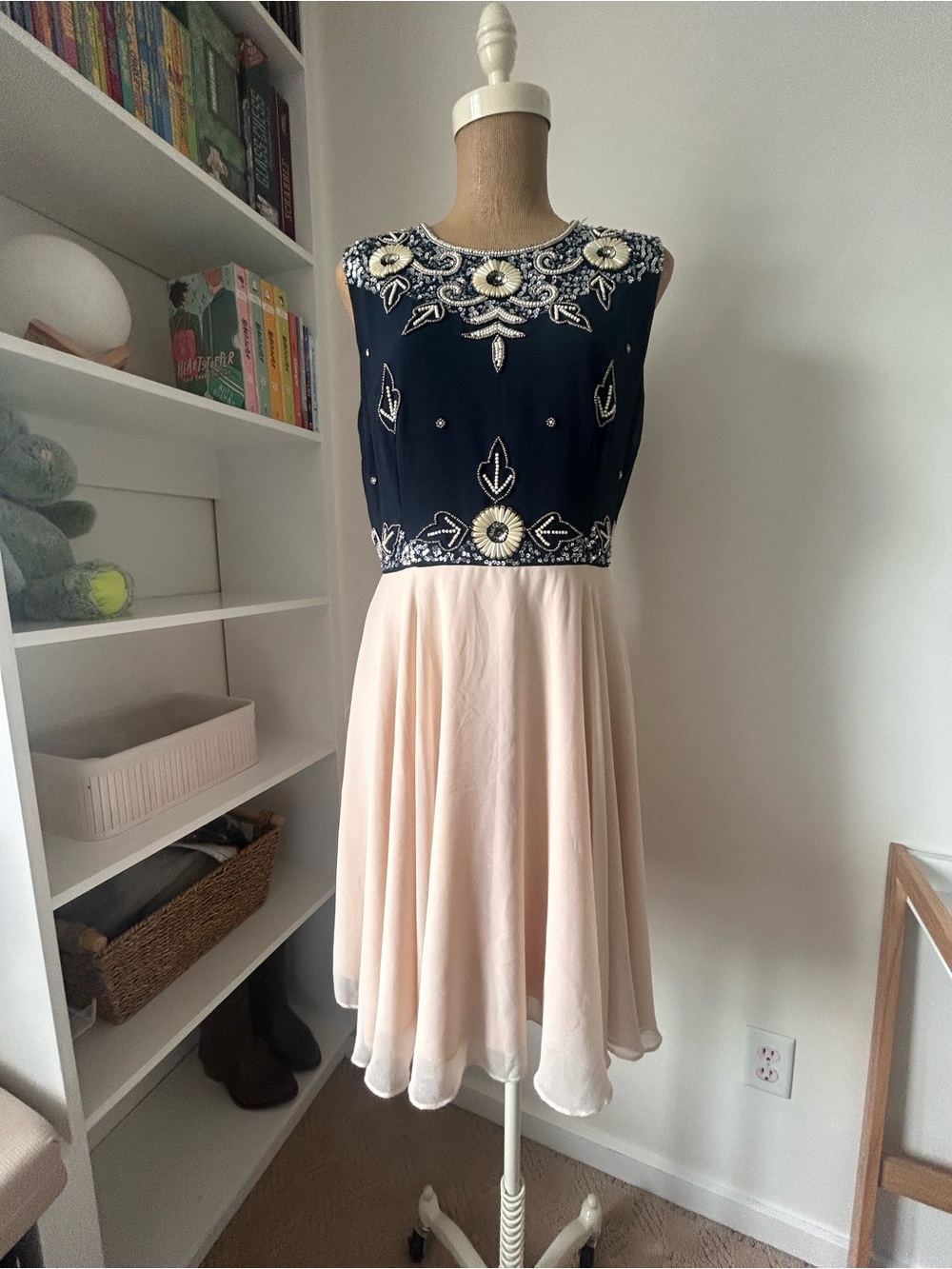 Navy Embellished Bodice with Blush Chiffon Maxi Dress
